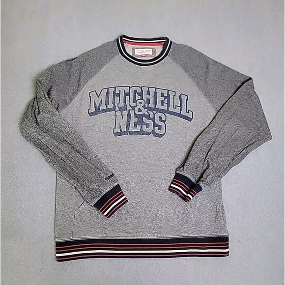 Mitchell Ness Sweater Sweatshirt Mens L Gray Spellout Pocket Crewneck Stripe Dad - Picture 1 of 12
